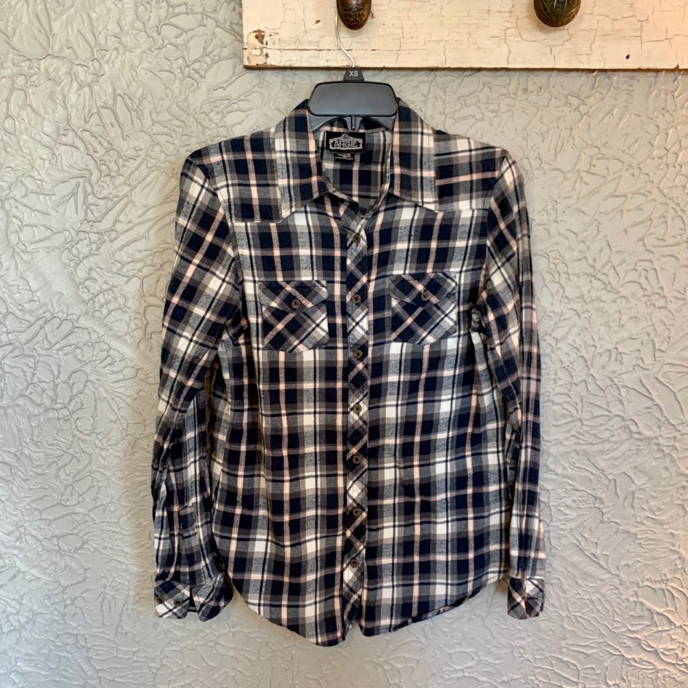 Angie Plaid Button Flannel Blue Cotton Shirt L